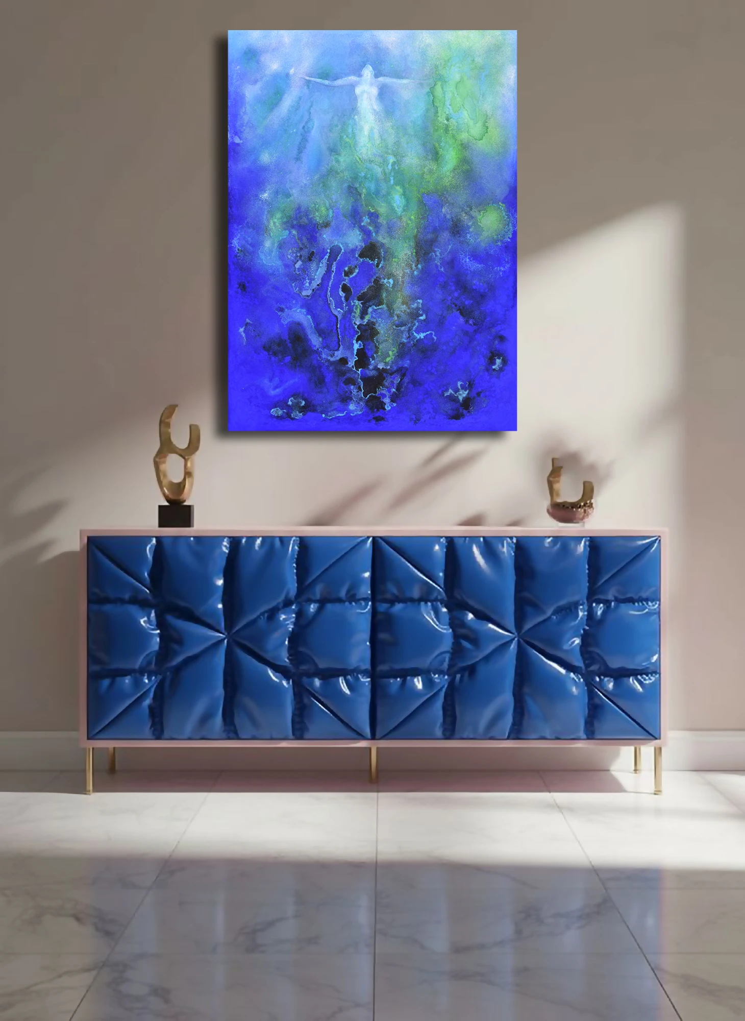 Ode al Mare by Milena Nicosia above a blue sideboard