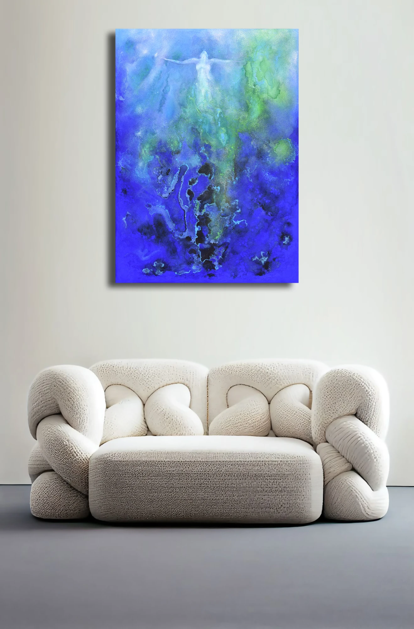 Ode al Mare by Milena Nicosia above an organic sofa