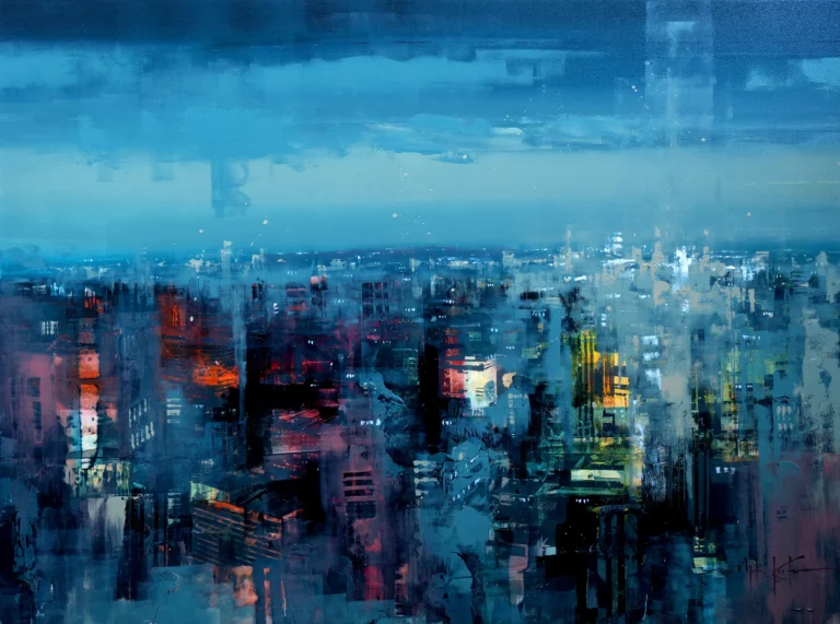 Brooklyn Feeling VI by Martin Köster – contemporary elevated Brooklyn cityscape painting in blue tones