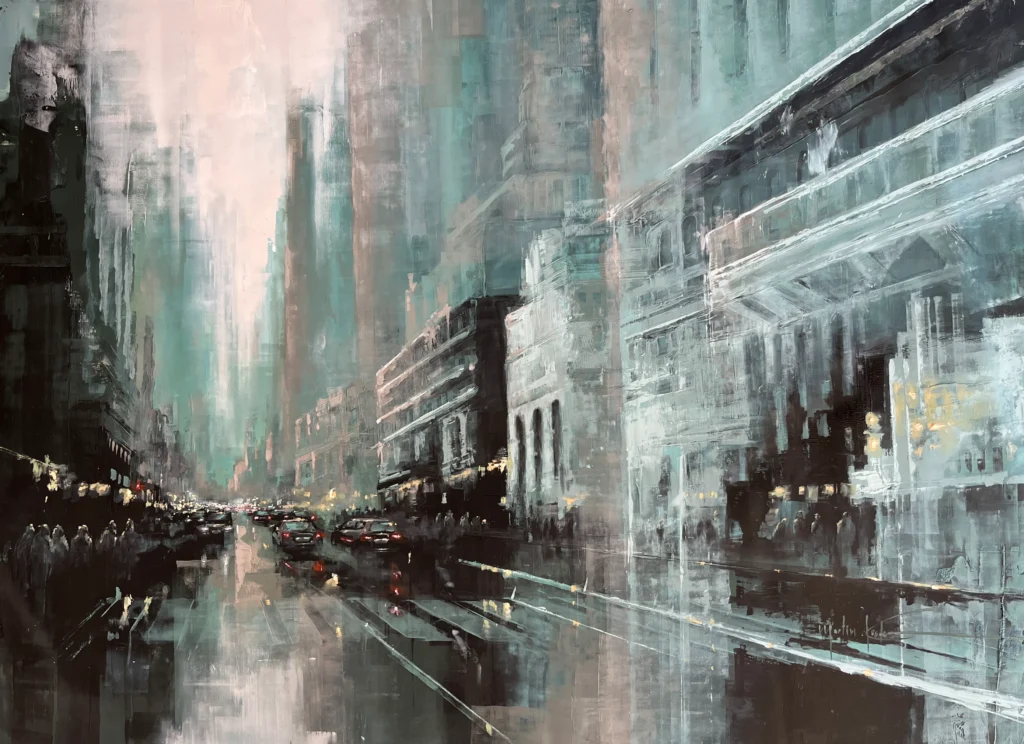 Grey Days in New York by Martin Köster – contemporary cityscape painting in oil on panel