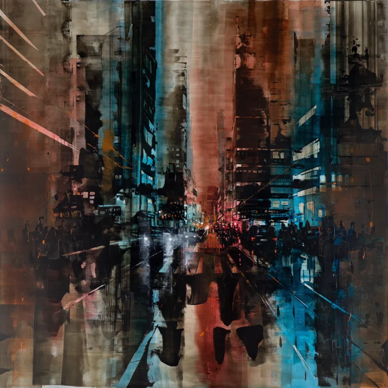 ew York City Late Night IV by Martin Köster, contemporary oil painting of New York at night with luminous reflections and expressive palette knife textures.