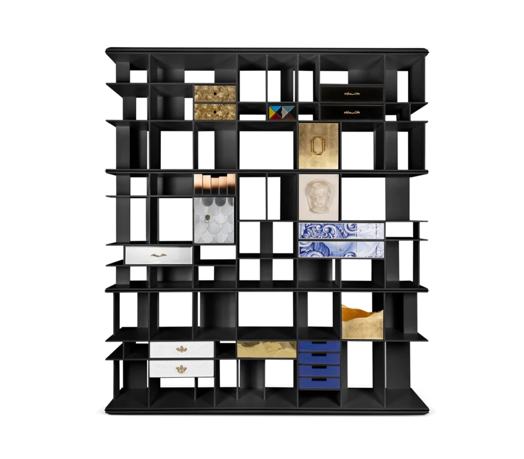 Front view of the black Coleccionista Bookcase by Boca do Lobo with handcrafted decorative drawers