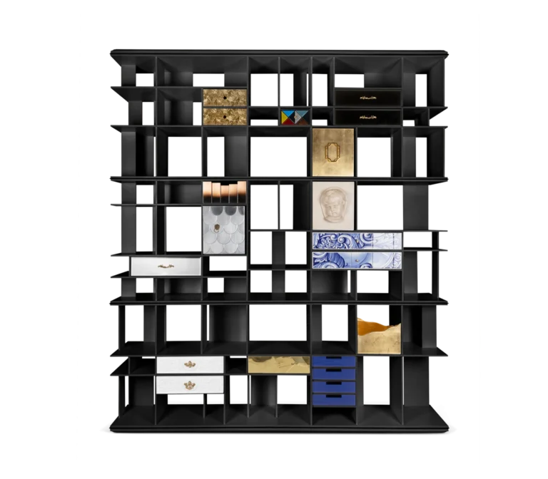 Front view of the black Coleccionista Bookcase by Boca do Lobo with handcrafted decorative drawers