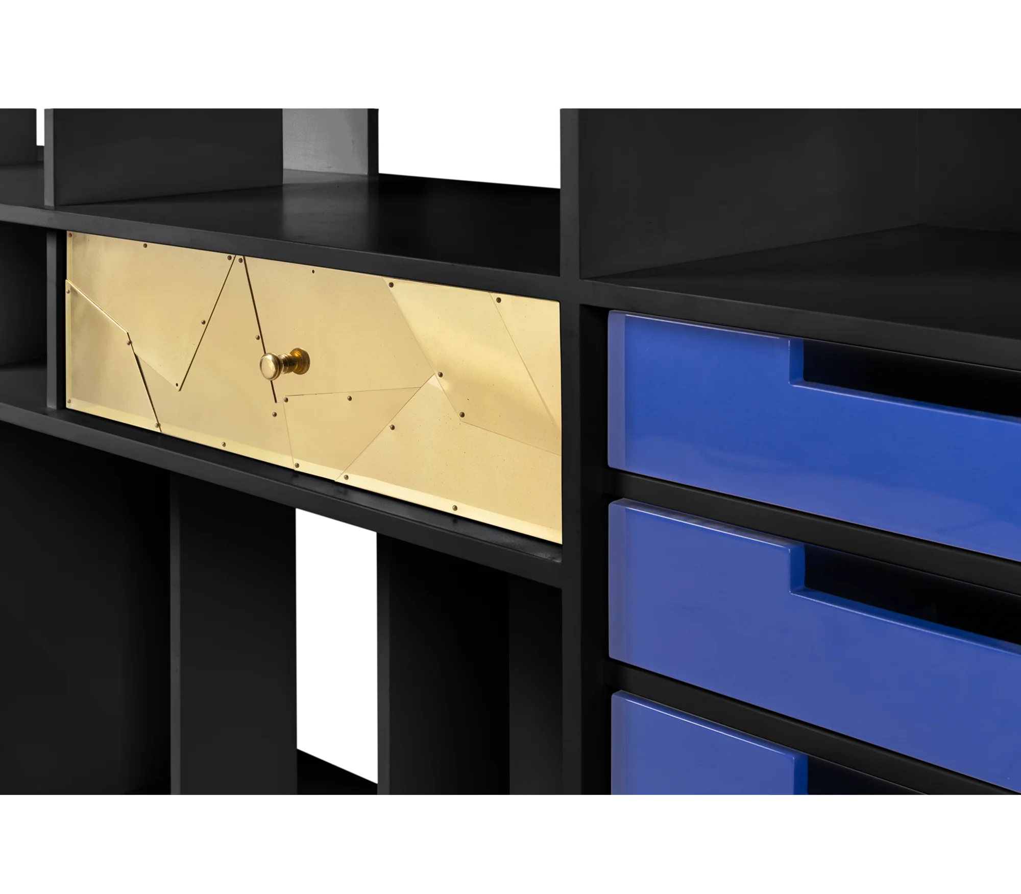 Coleccionista — Brass and Blue Drawer Detail