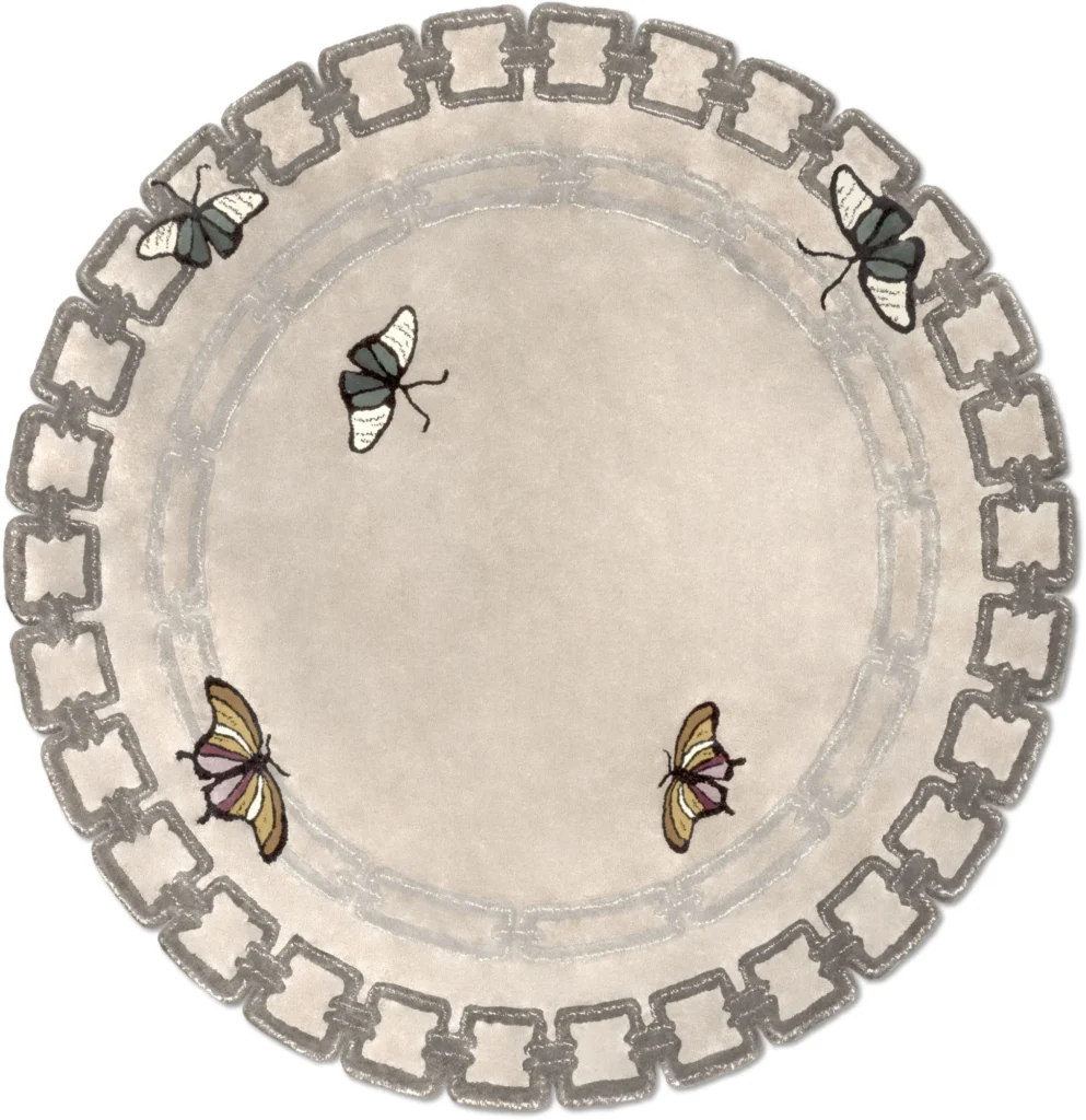 Metamorphosis Rug by Rug’Society with butterfly motifs in botanical silk