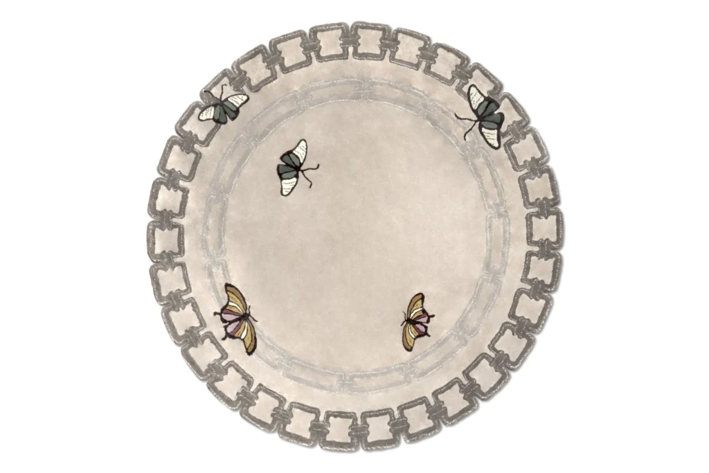 Metamorphosis round rug with butterfly design by Rug’Society