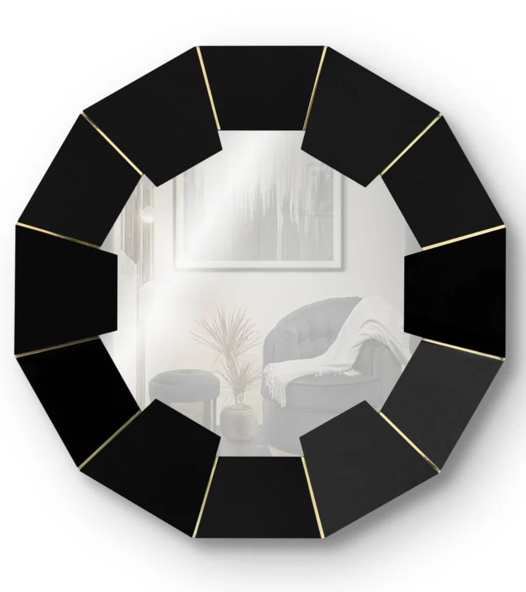 Front view of Darian Black Mirror by LUXXU in black lacquer and polished brass