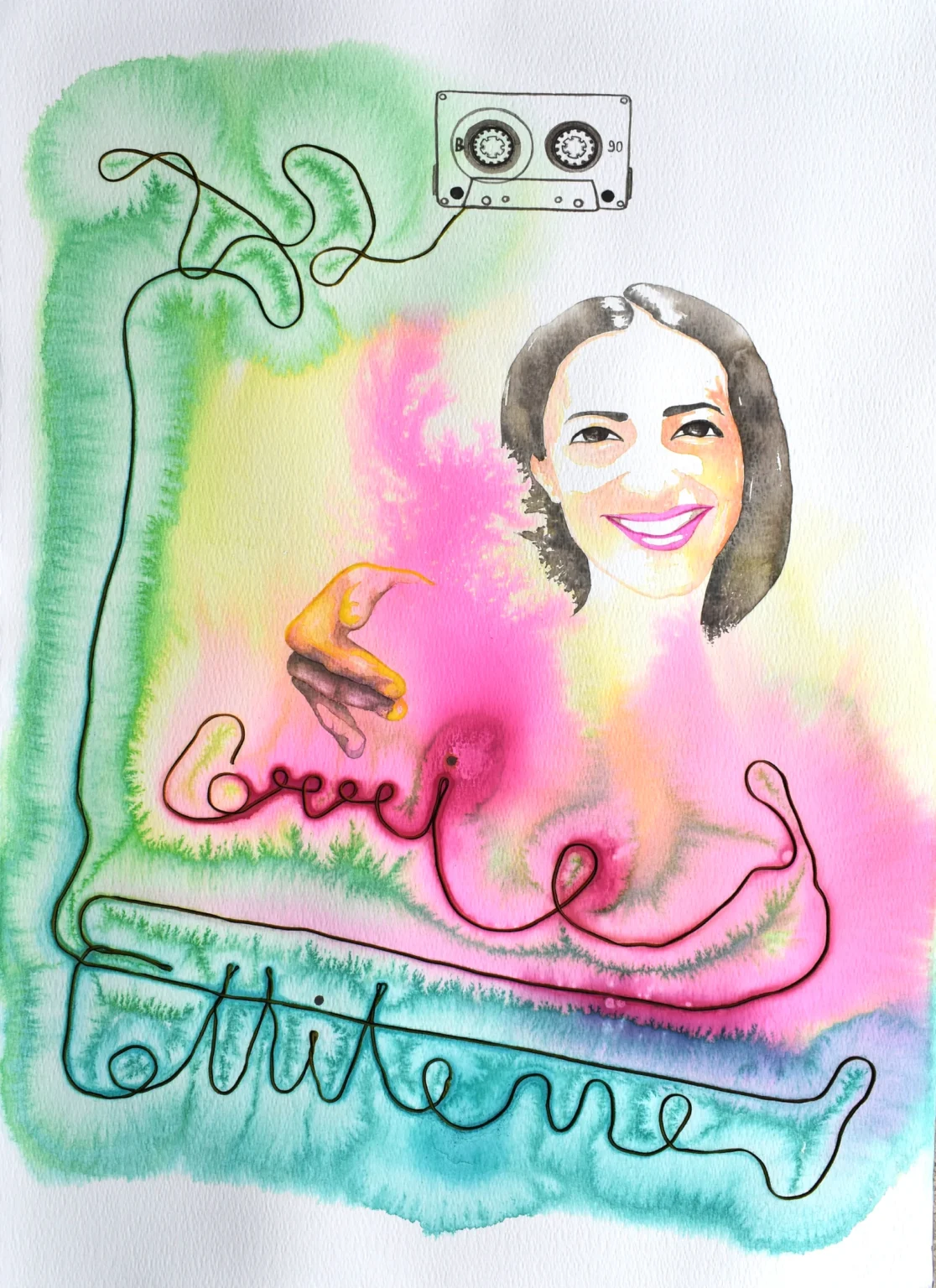Artwork by Milena Nicosia featuring a smiling woman, a cassette and unspooled tape forming lettering over pink, green and turquoise washes.