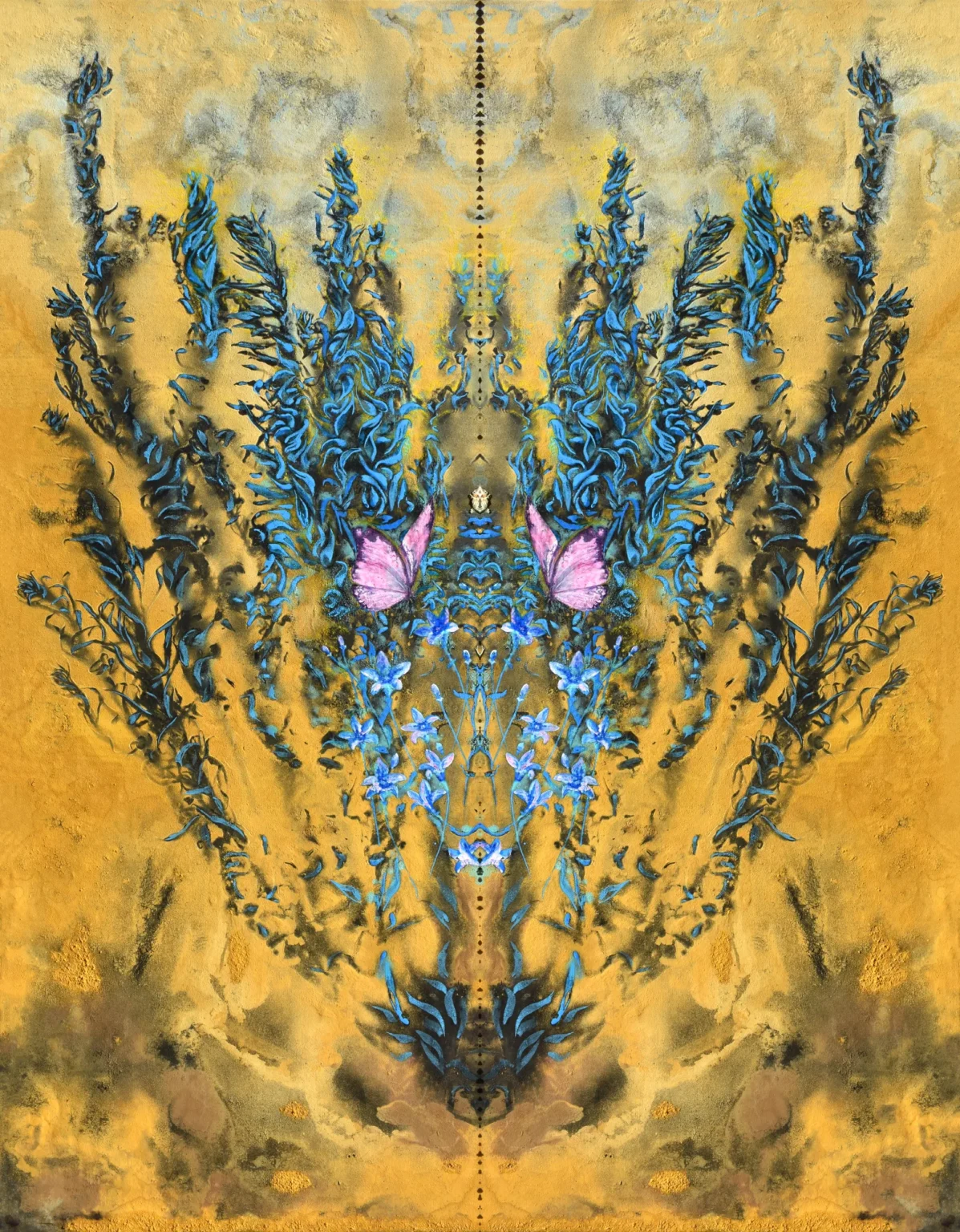 Proiezione di Rorschach n.1 by Milena Nicosia, a mirrored mixed-media artwork in gold, blue and pink