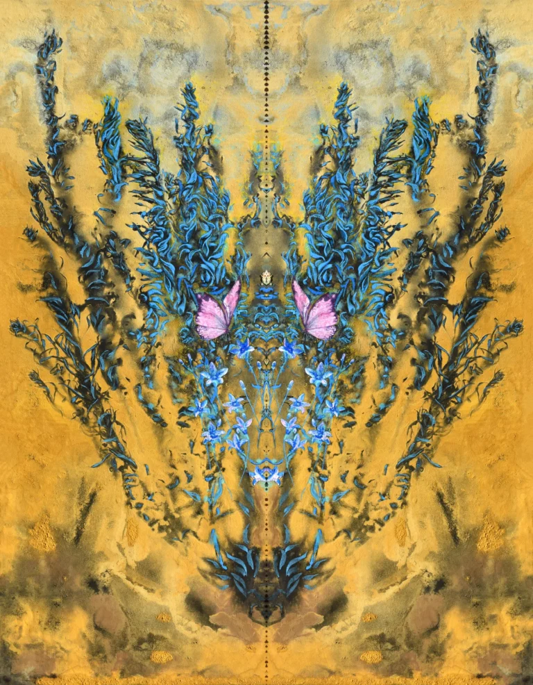 Proiezione di Rorschach n.1 by Milena Nicosia, a mirrored mixed-media artwork in gold, blue and pink