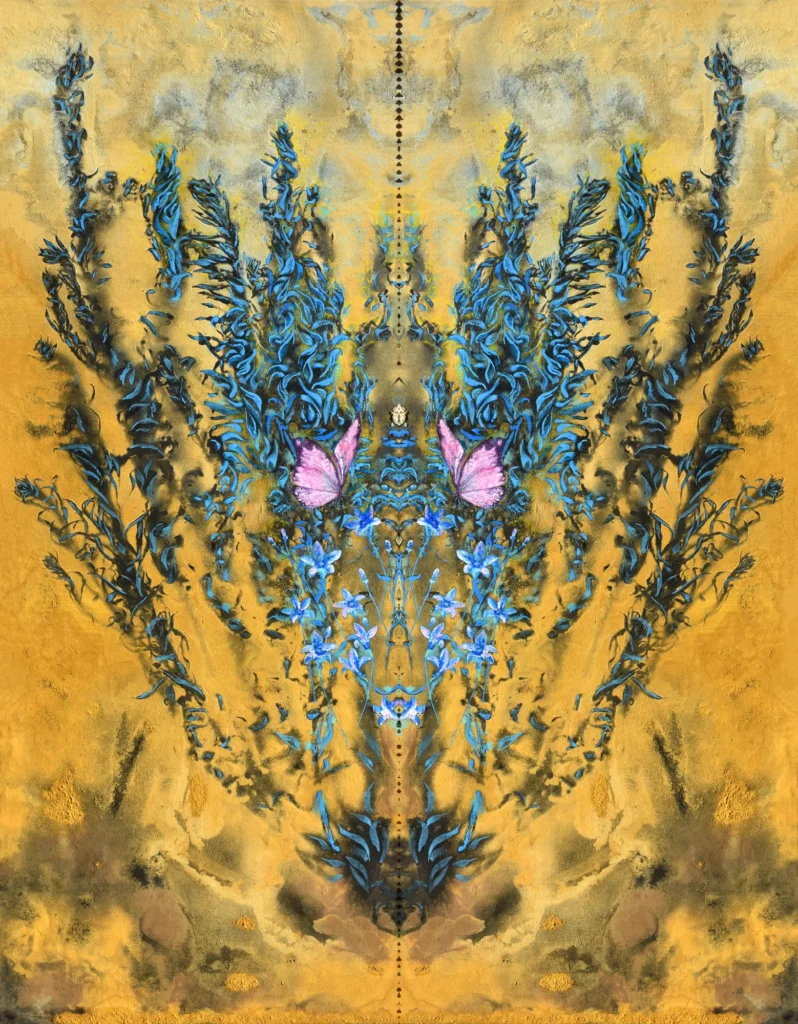 Proiezione di Rorschach n.1 by Milena Nicosia, a mirrored mixed-media artwork in gold, blue and pink